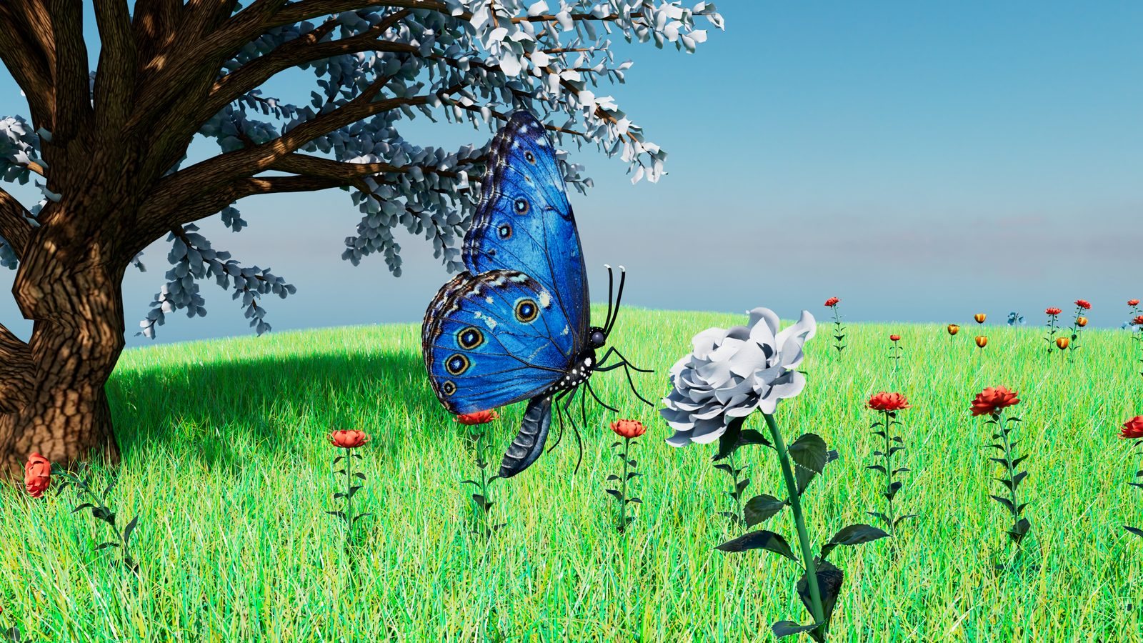 A blue butterfly animated by ButterFlight, landing on a flower