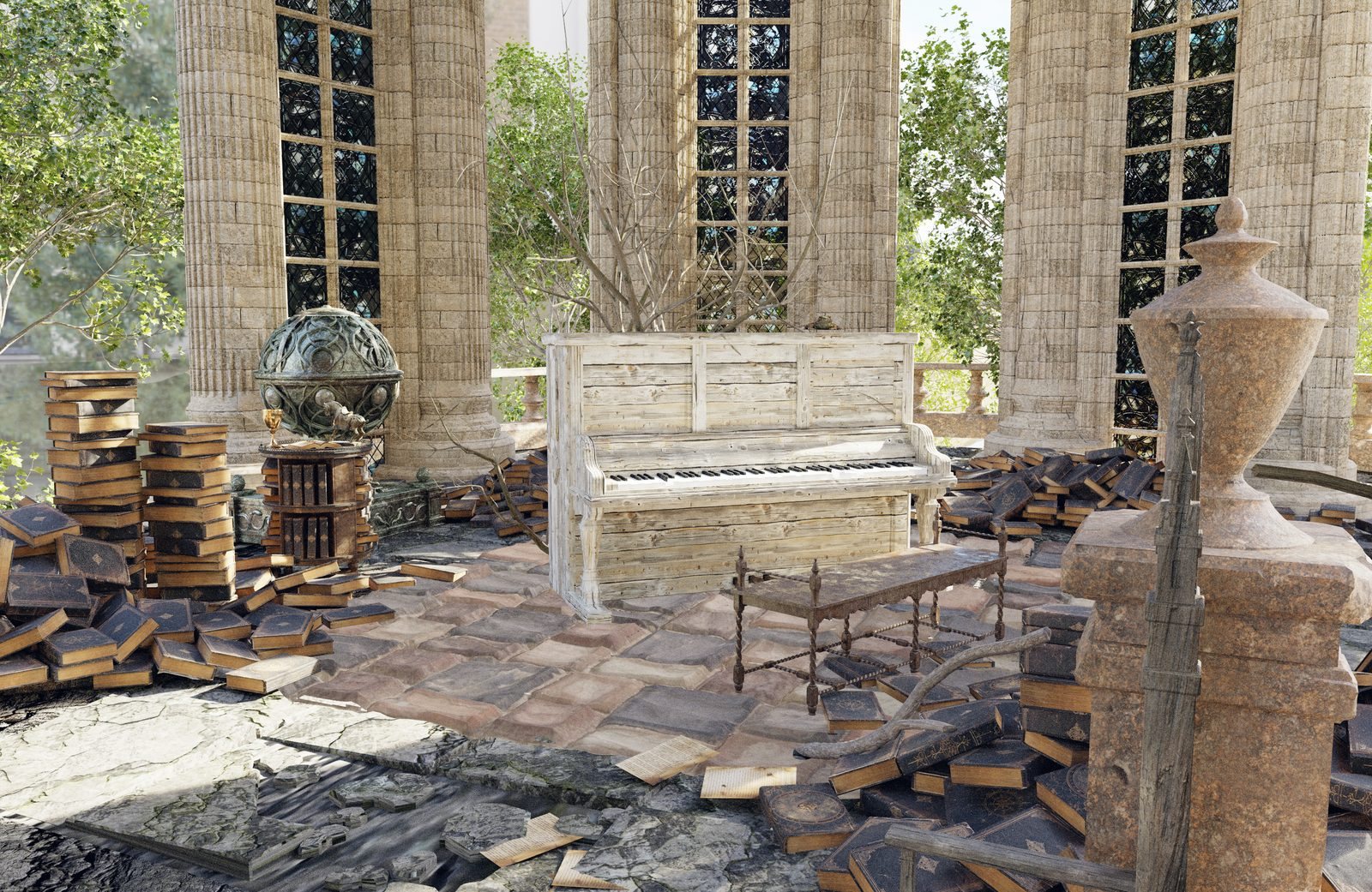 A ruined conservatory with a piano, rendered by MatForge