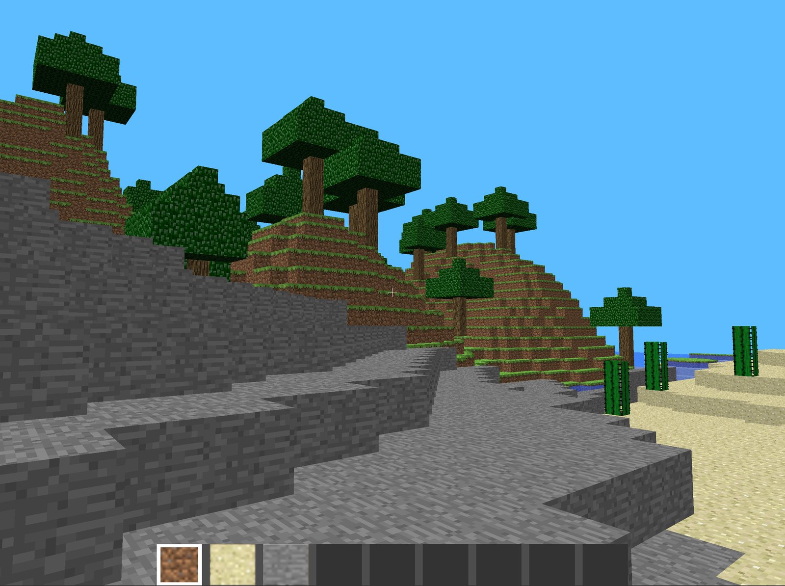 Procedural voxel terrain: stone cliffs, blocky trees and a desert with cacti