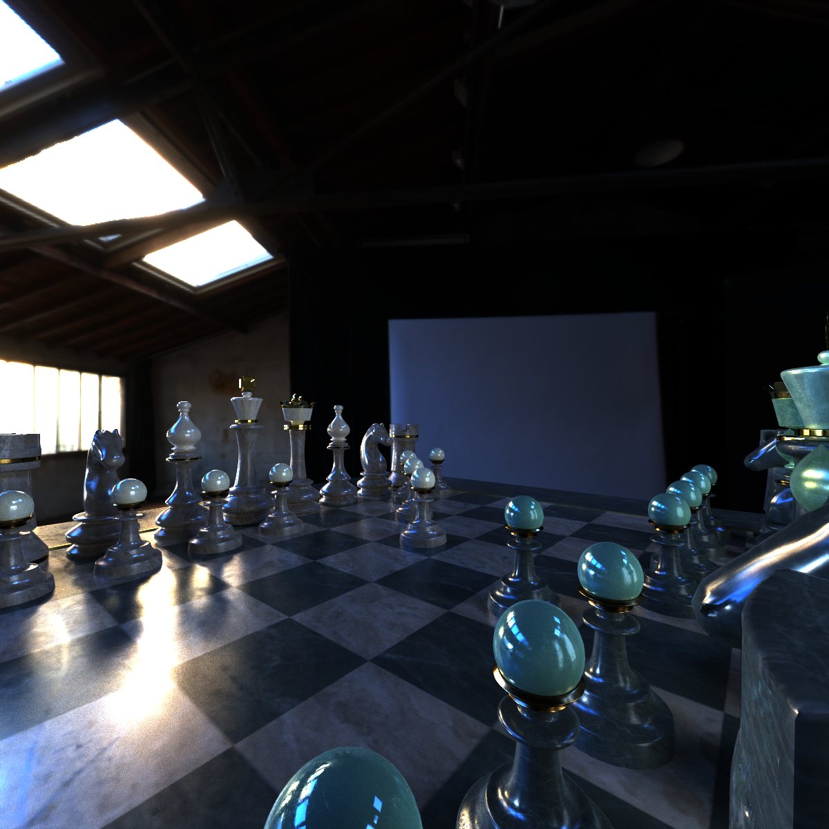 Glass and chrome chess pieces on a checkered board, path traced in CUDA