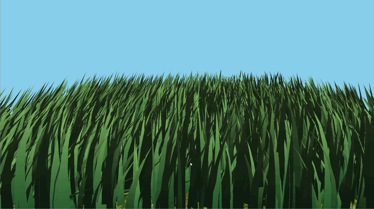 A dense field of grass blades bending in the wind under a pale sky