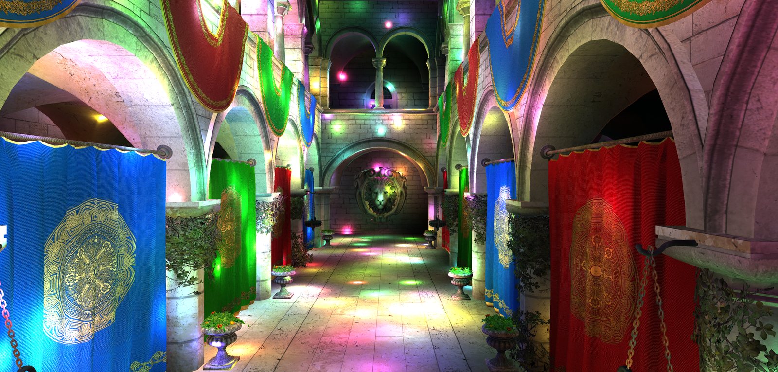 The Sponza atrium lit by thousands of coloured point lights